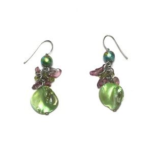Iridescent green beads with light rose colored accent bead dangle earrings